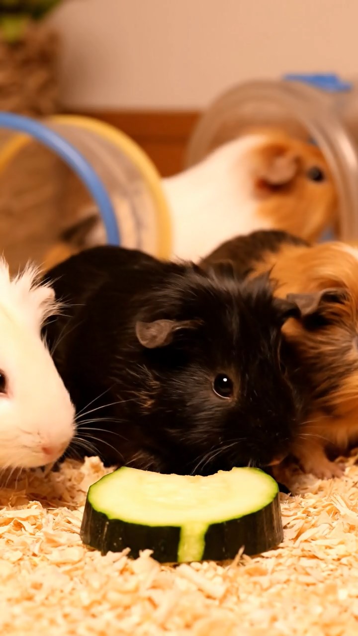 1344. Highly detailed view of 5 smooth-haired Silkie guinea pigs featuring orange, gray, and black coats, eating carrot shreds, in a Roman amphitheater with stone seats.