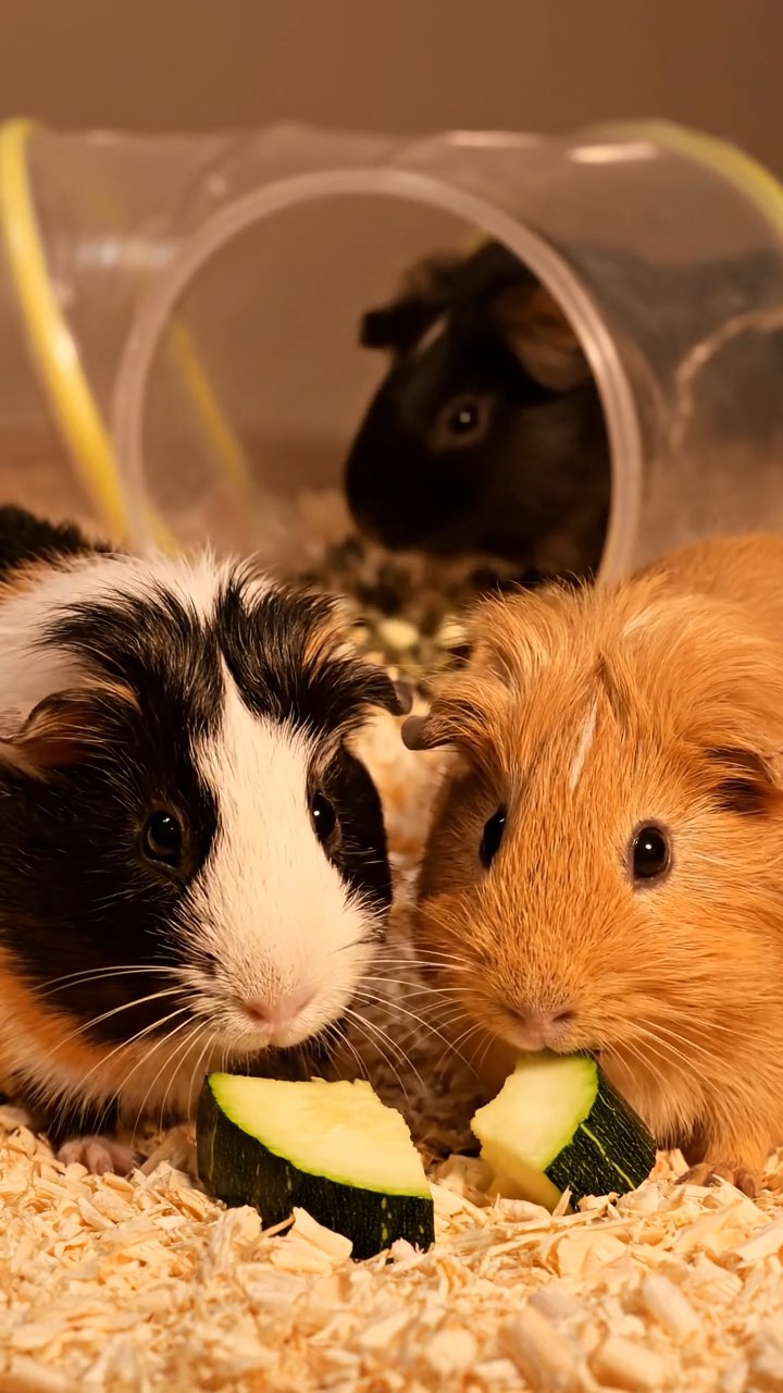 1344. Highly detailed view of 5 smooth-haired Silkie guinea pigs featuring orange, gray, and black coats, eating carrot shreds, in a Roman amphitheater with stone seats.