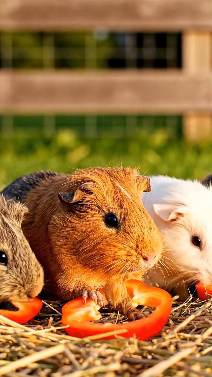 1345. Photorealistic photo of 3 smooth-haired Teddy guinea pigs with brown, cream, and fawn fur, nibbling on celery leaves, on a cooling lava field with steam vents.