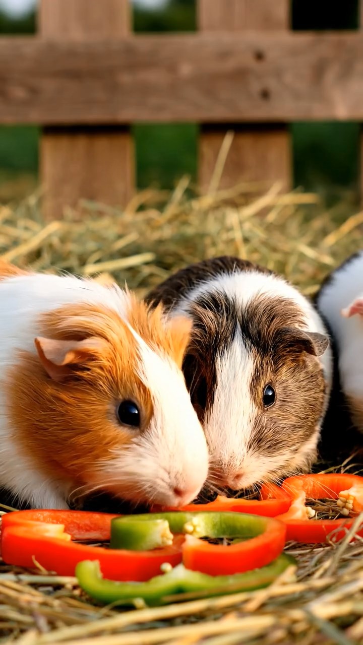1345. Photorealistic photo of 3 smooth-haired Teddy guinea pigs with brown, cream, and fawn fur, nibbling on celery leaves, on a cooling lava field with steam vents.