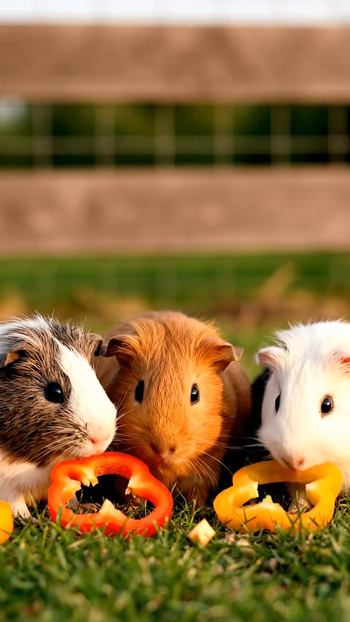1345. Photorealistic photo of 3 smooth-haired Teddy guinea pigs with brown, cream, and fawn fur, nibbling on celery leaves, on a cooling lava field with steam vents.