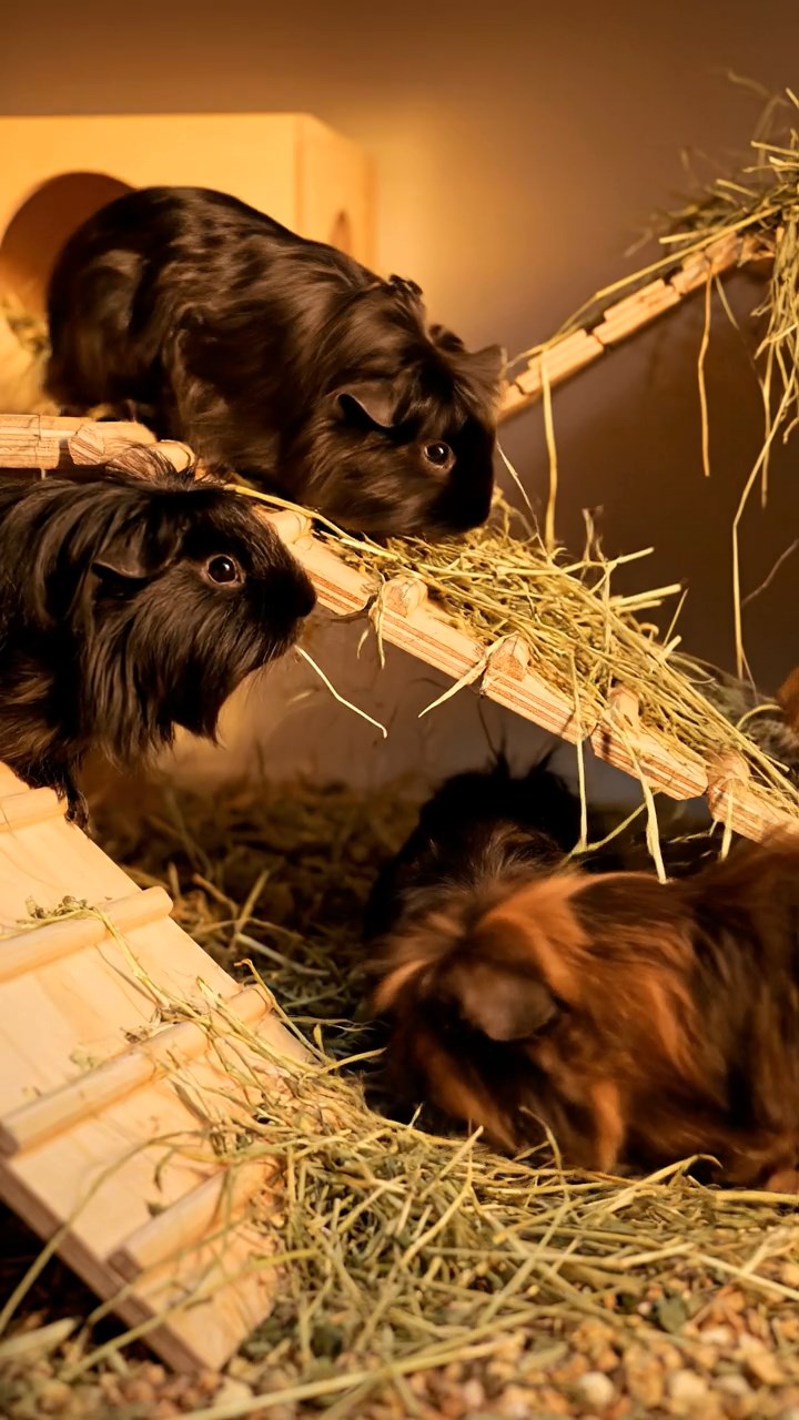 1346. Realistic depiction of 1 smooth-haired Texel guinea pig with chocolate fur, chewing on romaine hearts, inside a private investigator's dimly lit office with case files.