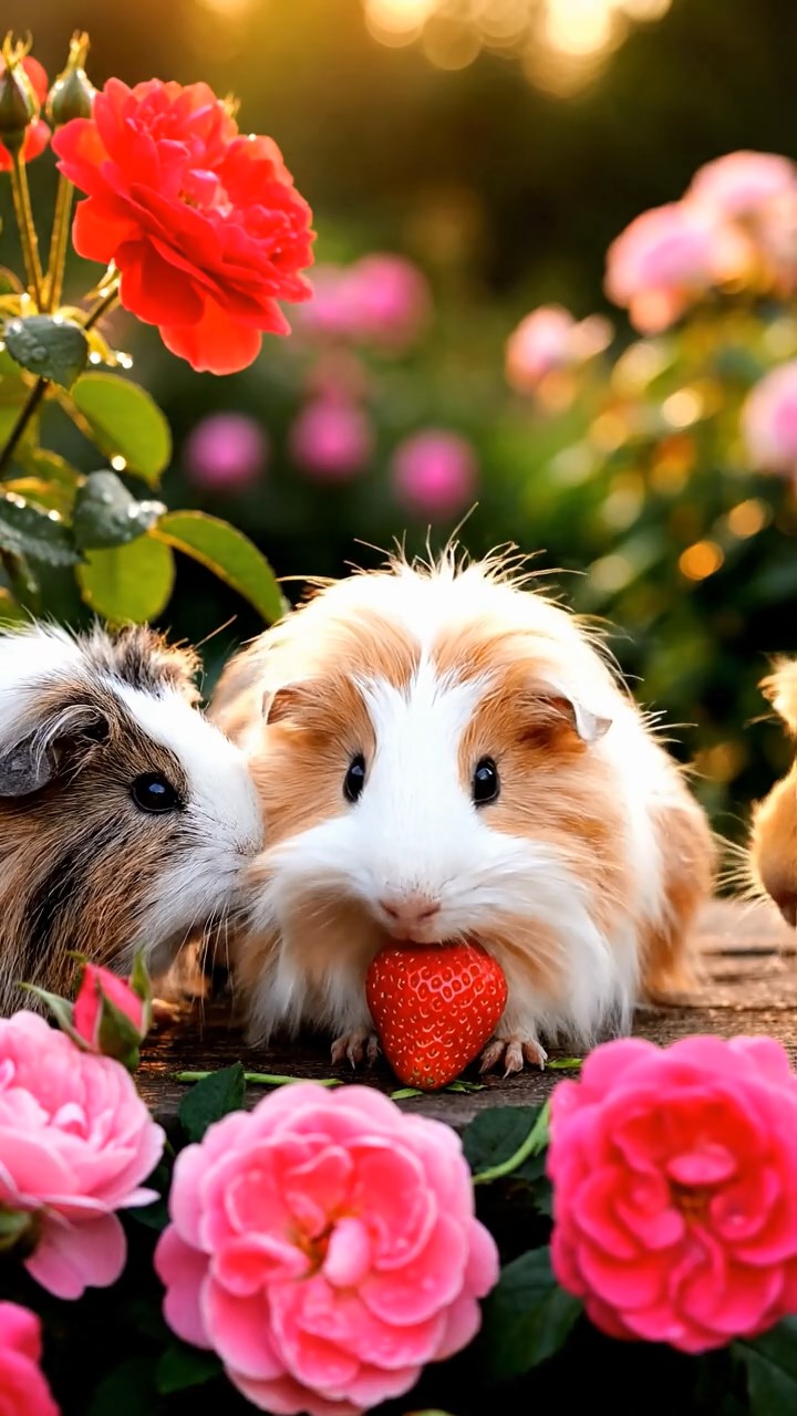 1347. Detailed image of 4 smooth-haired Rex guinea pigs in cinnamon, sable, and white colors, sharing pear cores, on a penguin breeding ground with fluffy chicks.