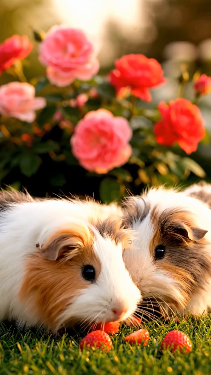 1347. Detailed image of 4 smooth-haired Rex guinea pigs in cinnamon, sable, and white colors, sharing pear cores, on a penguin breeding ground with fluffy chicks.