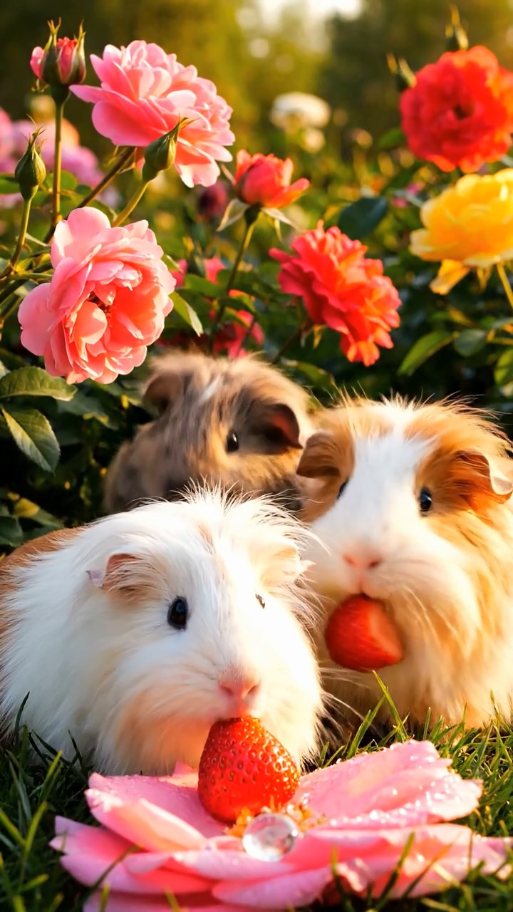 1347. Detailed image of 4 smooth-haired Rex guinea pigs in cinnamon, sable, and white colors, sharing pear cores, on a penguin breeding ground with fluffy chicks.