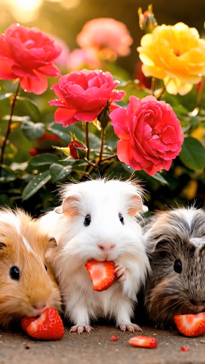 1347. Detailed image of 4 smooth-haired Rex guinea pigs in cinnamon, sable, and white colors, sharing pear cores, on a penguin breeding ground with fluffy chicks.
