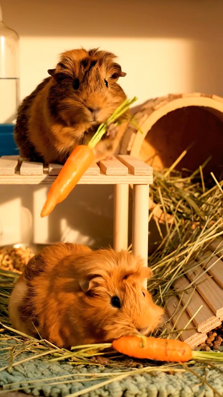 1348. Photorealistic scene of 2 smooth-haired Coronet guinea pigs with orange and gray fur, munching on watermelon slices, in a ethereal dream world with upside-down landscapes.
