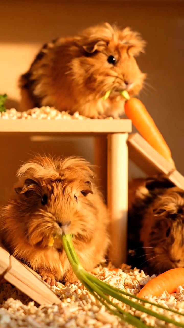 1348. Photorealistic scene of 2 smooth-haired Coronet guinea pigs with orange and gray fur, munching on watermelon slices, in a ethereal dream world with upside-down landscapes.