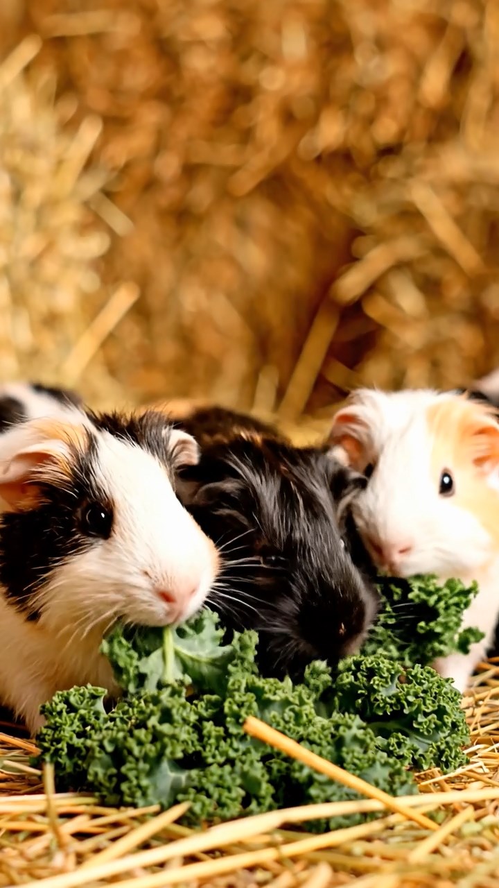 1349. Realistic photo of 3 smooth-haired White Crested guinea pigs featuring black, brown, and cream coats, eating timothy hay, on a tropical pirate bay with shipwrecks.
