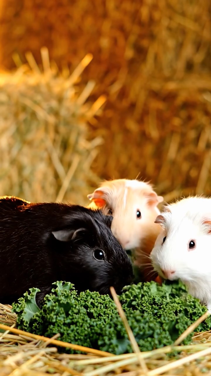 1349. Realistic photo of 3 smooth-haired White Crested guinea pigs featuring black, brown, and cream coats, eating timothy hay, on a tropical pirate bay with shipwrecks.