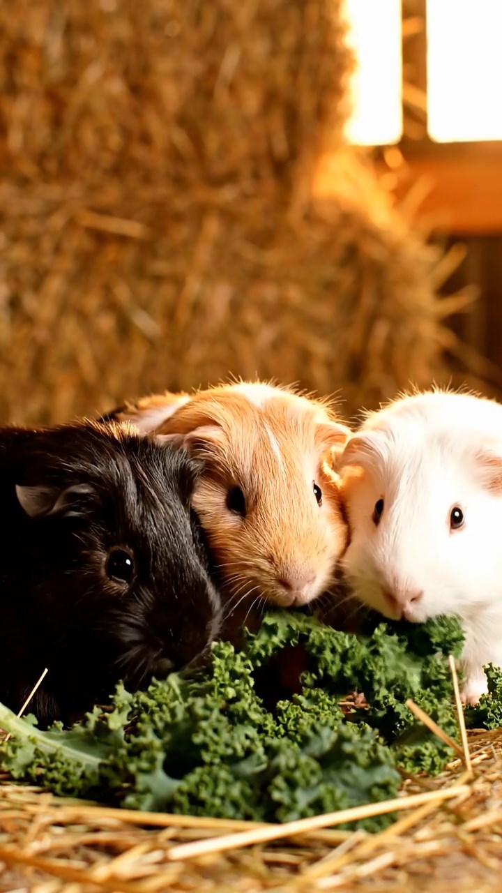 1349. Realistic photo of 3 smooth-haired White Crested guinea pigs featuring black, brown, and cream coats, eating timothy hay, on a tropical pirate bay with shipwrecks.