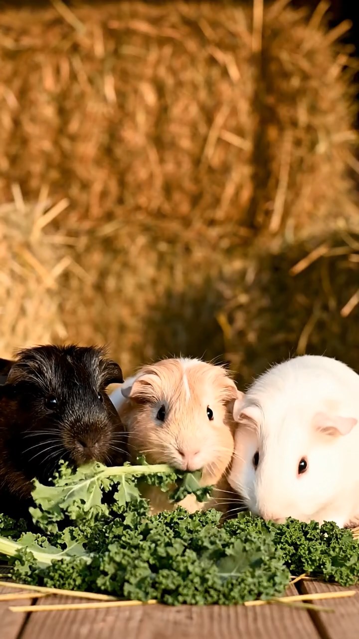 1349. Realistic photo of 3 smooth-haired White Crested guinea pigs featuring black, brown, and cream coats, eating timothy hay, on a tropical pirate bay with shipwrecks.