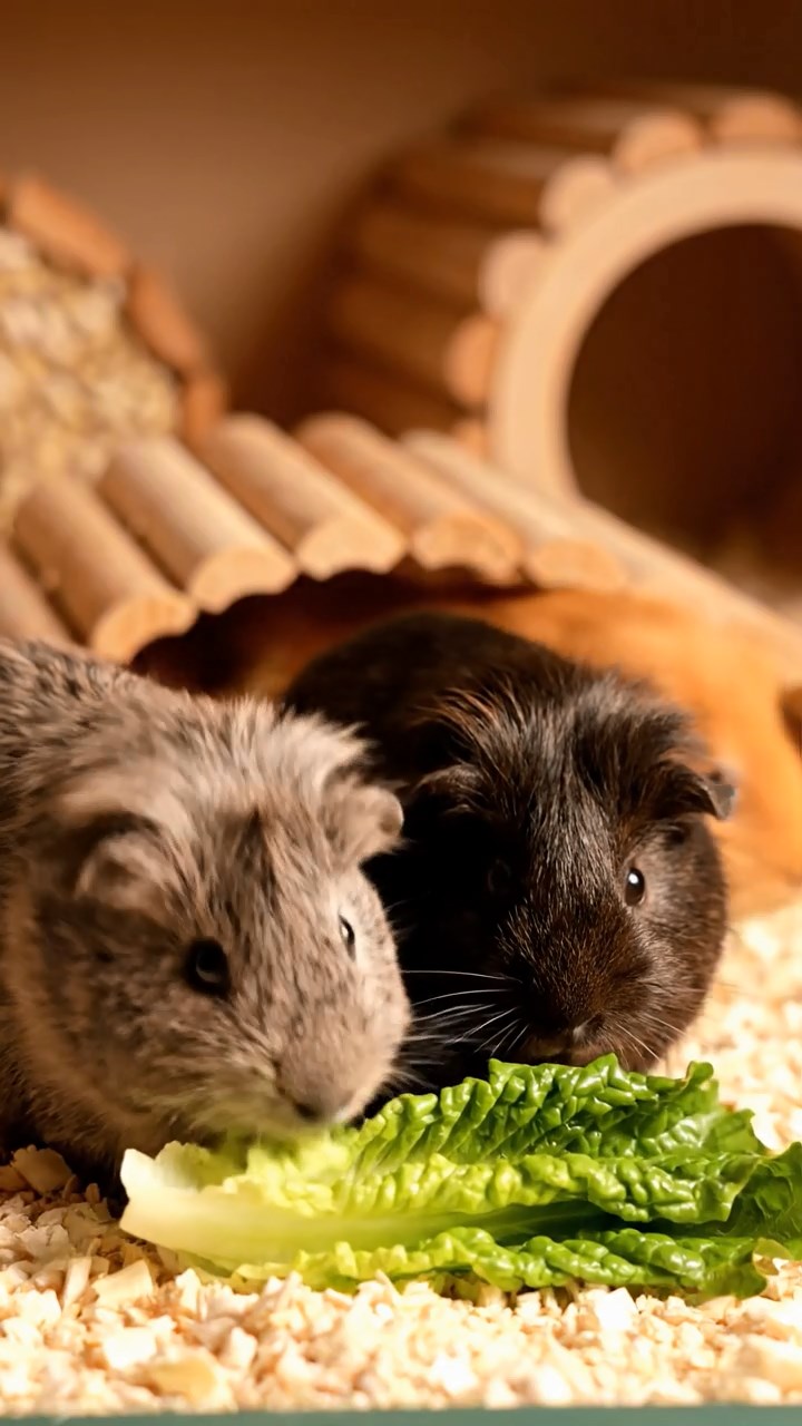 1350. Highly detailed view of 5 smooth-haired Skinny guinea pigs with fawn, chocolate, and cinnamon fur, nibbling on pineapple cores, inside a robotic manufacturing line with sparks.