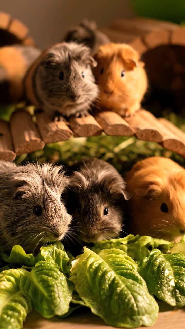 1350. Highly detailed view of 5 smooth-haired Skinny guinea pigs with fawn, chocolate, and cinnamon fur, nibbling on pineapple cores, inside a robotic manufacturing line with sparks.