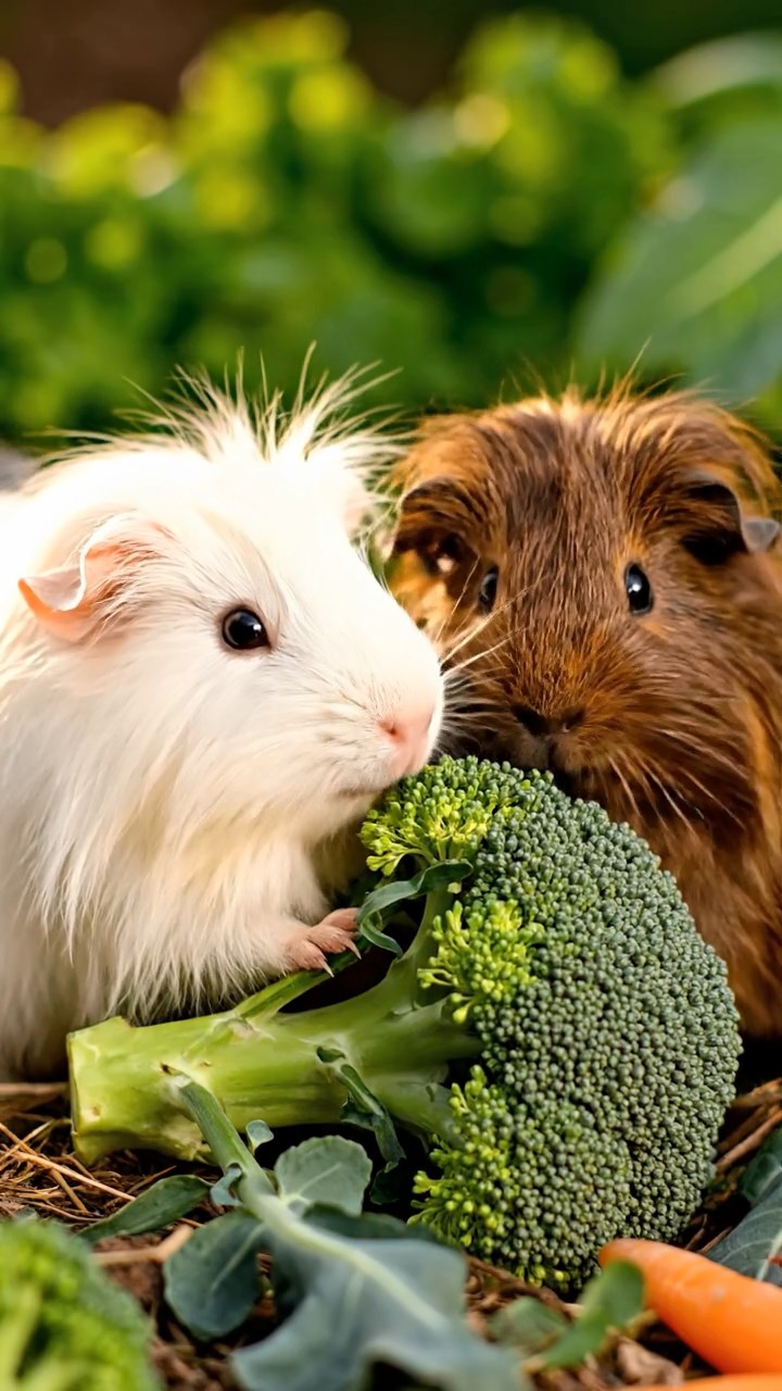 1351. Photorealistic image of 1 smooth-haired American guinea pig with sable fur, chewing on spinach bunches, on a heather-covered Scottish highland with ancient stones.