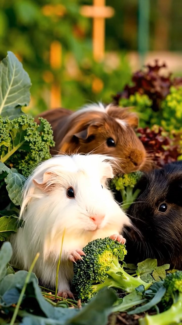 1351. Photorealistic image of 1 smooth-haired American guinea pig with sable fur, chewing on spinach bunches, on a heather-covered Scottish highland with ancient stones.