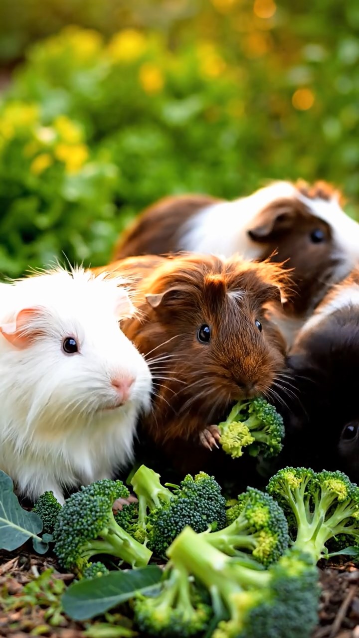1351. Photorealistic image of 1 smooth-haired American guinea pig with sable fur, chewing on spinach bunches, on a heather-covered Scottish highland with ancient stones.