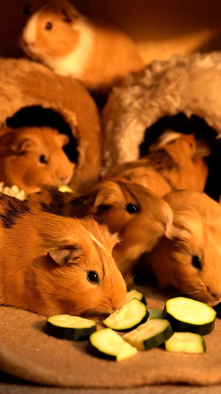 1352. Realistic depiction of 4 smooth-haired Abyssinian guinea pigs in white, orange, and gray colors, sharing broccoli stems, near a oceanic thermal vent with exotic lifeforms.