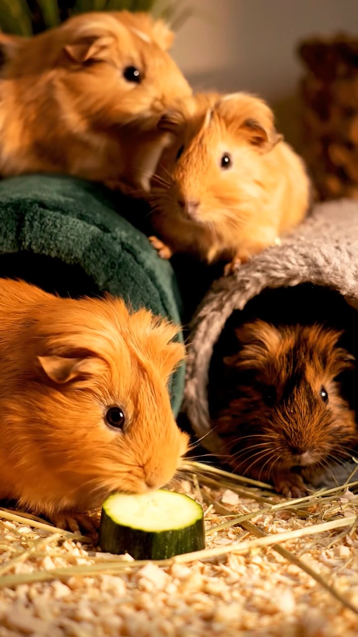 1352. Realistic depiction of 4 smooth-haired Abyssinian guinea pigs in white, orange, and gray colors, sharing broccoli stems, near a oceanic thermal vent with exotic lifeforms.