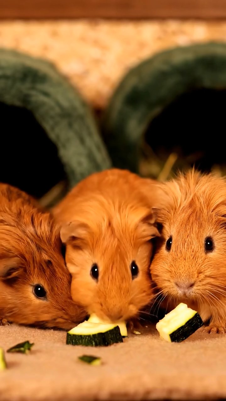1353. Detailed scene of 2 smooth-haired Peruvian guinea pigs with black and brown fur, munching on zucchini rounds, on a iconic Paris landmark summit with city lights.