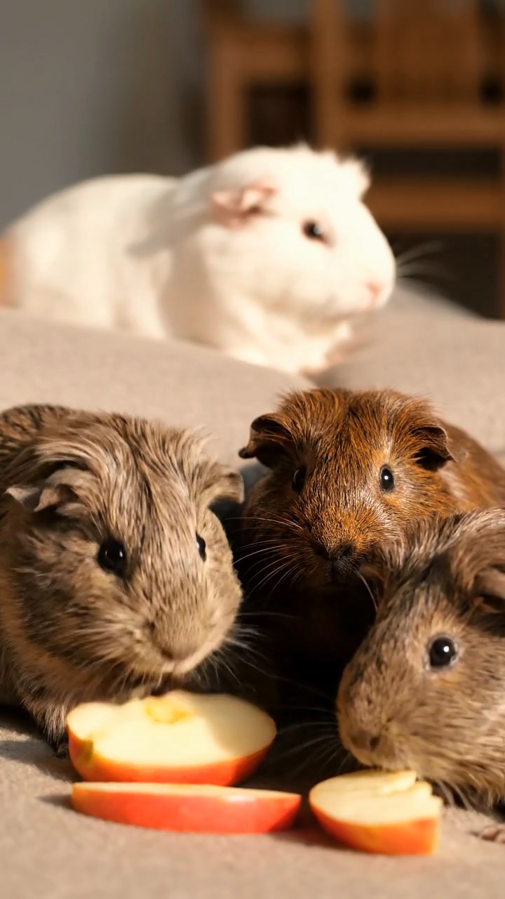 1353. Detailed scene of 2 smooth-haired Peruvian guinea pigs with black and brown fur, munching on zucchini rounds, on a iconic Paris landmark summit with city lights.