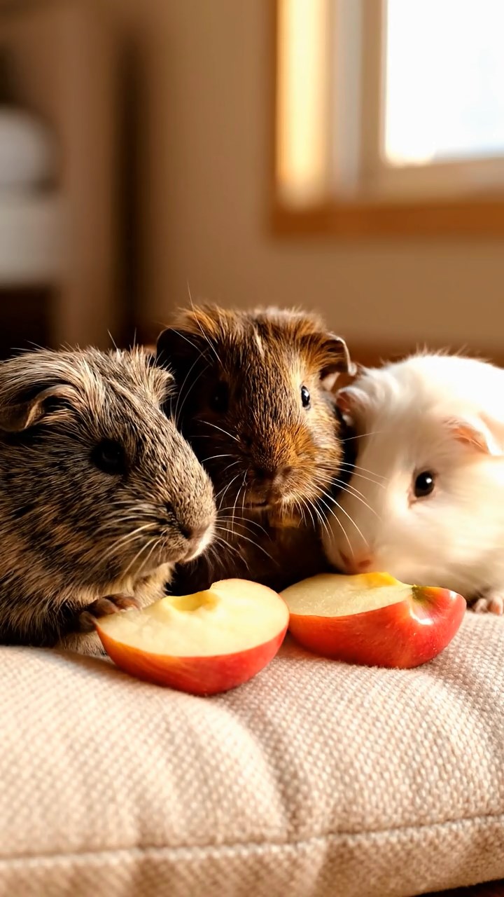 1353. Detailed scene of 2 smooth-haired Peruvian guinea pigs with black and brown fur, munching on zucchini rounds, on a iconic Paris landmark summit with city lights.