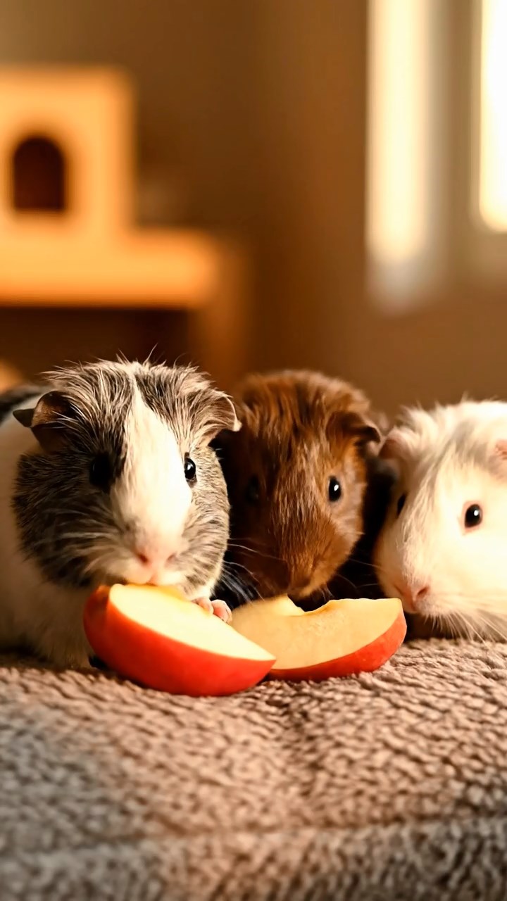 1353. Detailed scene of 2 smooth-haired Peruvian guinea pigs with black and brown fur, munching on zucchini rounds, on a iconic Paris landmark summit with city lights.
