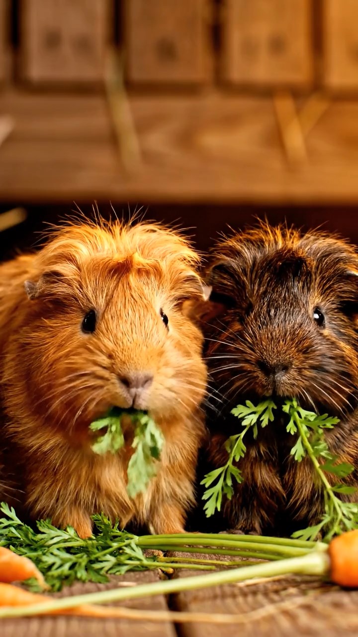 1356. Highly detailed view of 5 smooth-haired Texel guinea pigs with sable, white, and orange fur, chewing on kale stems, in a classical Greek temple ruin with columns.