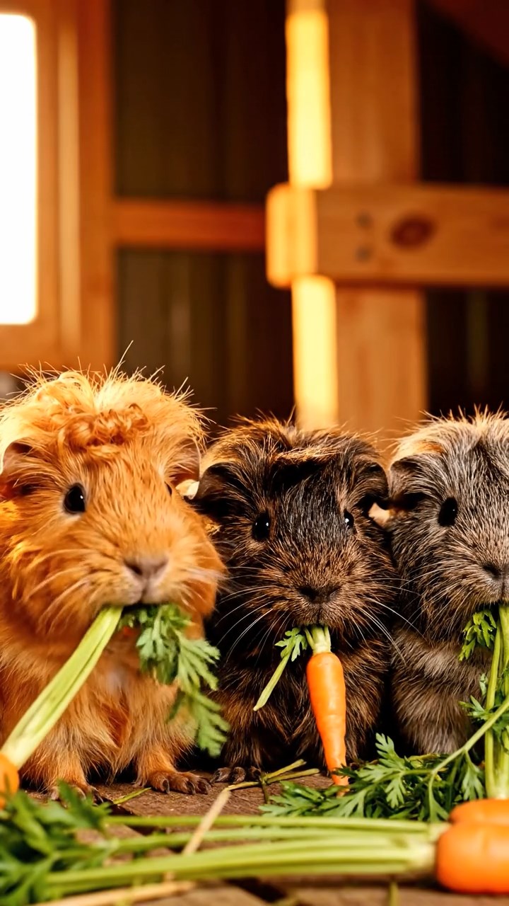 1356. Highly detailed view of 5 smooth-haired Texel guinea pigs with sable, white, and orange fur, chewing on kale stems, in a classical Greek temple ruin with columns.