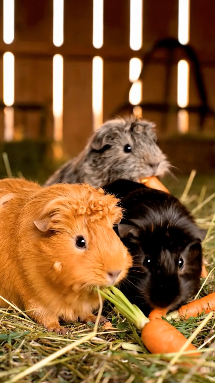 1356. Highly detailed view of 5 smooth-haired Texel guinea pigs with sable, white, and orange fur, chewing on kale stems, in a classical Greek temple ruin with columns.