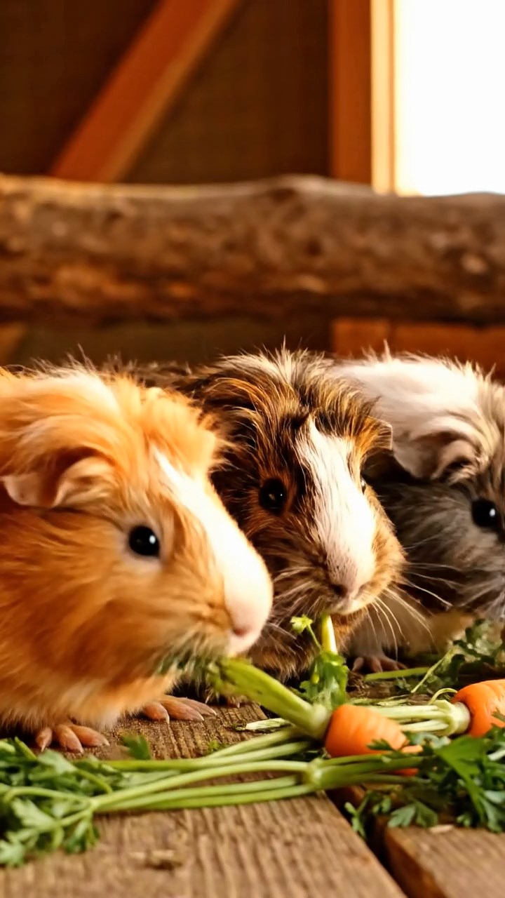 1356. Highly detailed view of 5 smooth-haired Texel guinea pigs with sable, white, and orange fur, chewing on kale stems, in a classical Greek temple ruin with columns.
