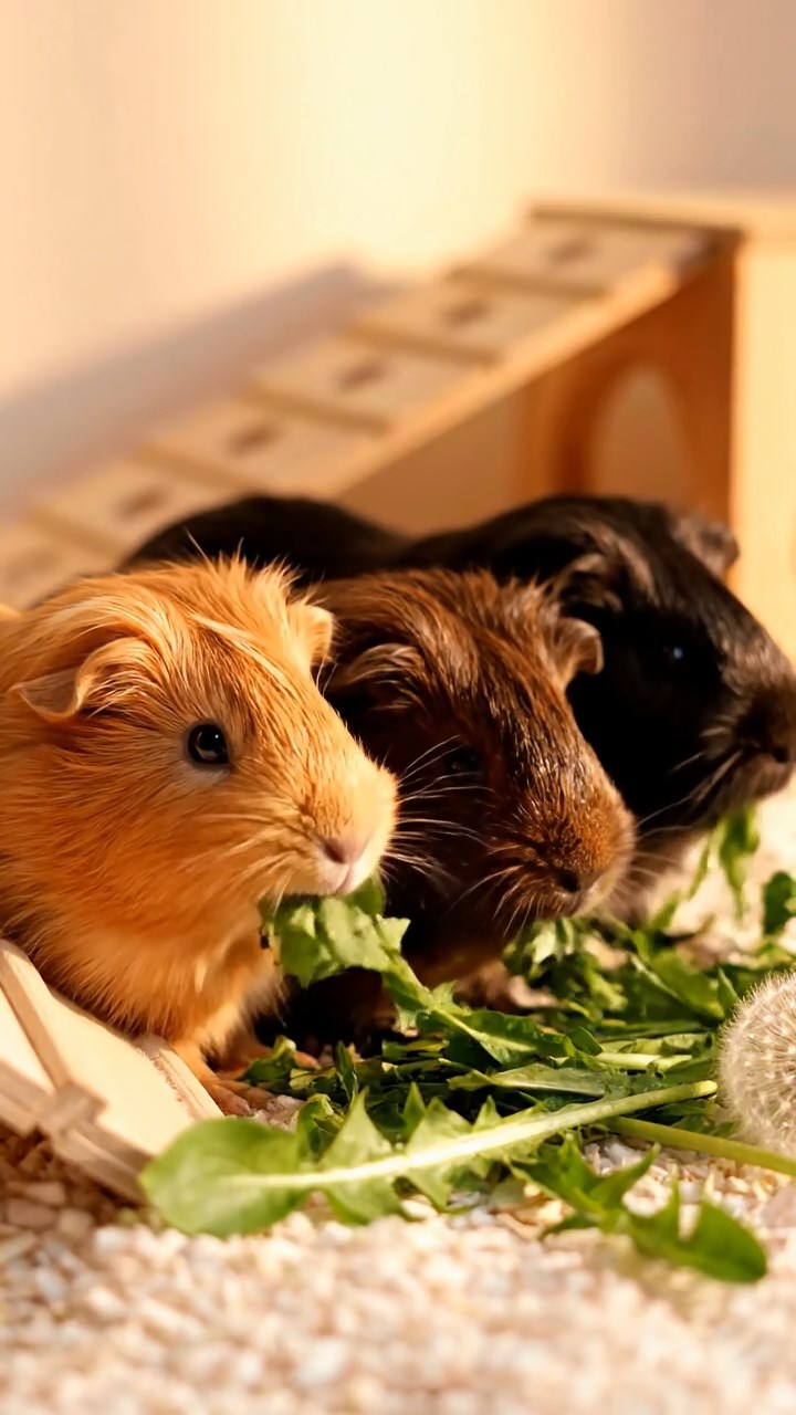 1357. Photorealistic scene of 4 smooth-haired Rex guinea pigs in gray, black, and brown colors, sharing carrot coins, inside a snow dome igloo with fur blankets.