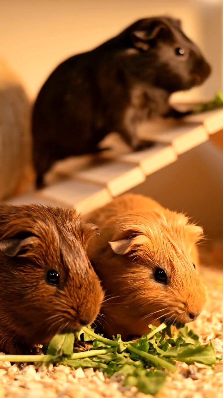1357. Photorealistic scene of 4 smooth-haired Rex guinea pigs in gray, black, and brown colors, sharing carrot coins, inside a snow dome igloo with fur blankets.