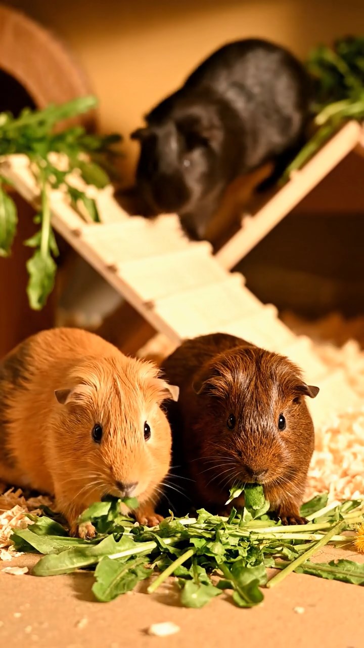 1357. Photorealistic scene of 4 smooth-haired Rex guinea pigs in gray, black, and brown colors, sharing carrot coins, inside a snow dome igloo with fur blankets.