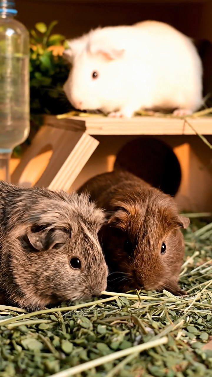 1358. Realistic depiction of 2 smooth-haired Coronet guinea pigs with cream and fawn fur, munching on bell pepper halves, on a vibrant film production set with cameras.