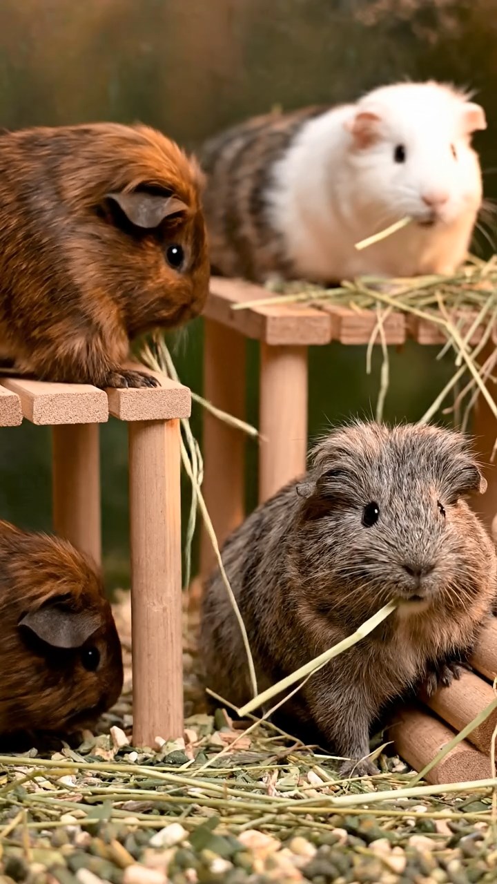 1358. Realistic depiction of 2 smooth-haired Coronet guinea pigs with cream and fawn fur, munching on bell pepper halves, on a vibrant film production set with cameras.