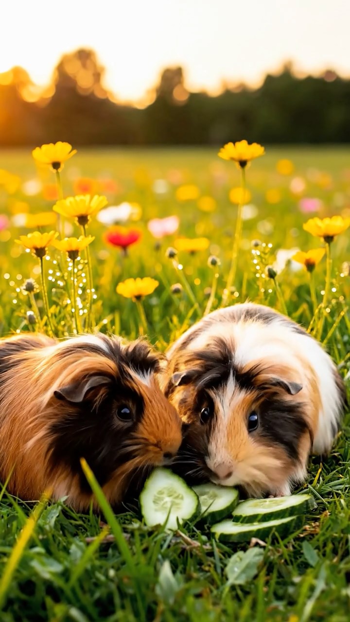 1359. Detailed photo of 3 smooth-haired White Crested guinea pigs featuring chocolate, cinnamon, and sable coats, eating orange wedges, in a towering redwood forest floor.