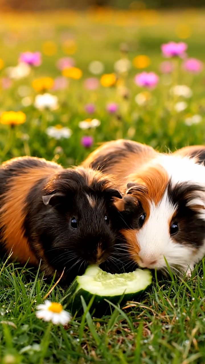 1359. Detailed photo of 3 smooth-haired White Crested guinea pigs featuring chocolate, cinnamon, and sable coats, eating orange wedges, in a towering redwood forest floor.