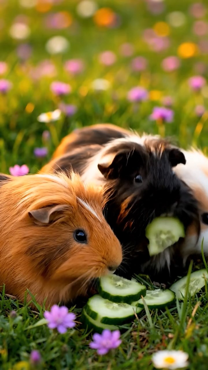 1359. Detailed photo of 3 smooth-haired White Crested guinea pigs featuring chocolate, cinnamon, and sable coats, eating orange wedges, in a towering redwood forest floor.