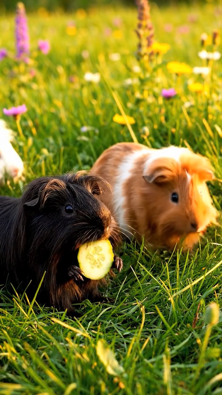 1359. Detailed photo of 3 smooth-haired White Crested guinea pigs featuring chocolate, cinnamon, and sable coats, eating orange wedges, in a towering redwood forest floor.