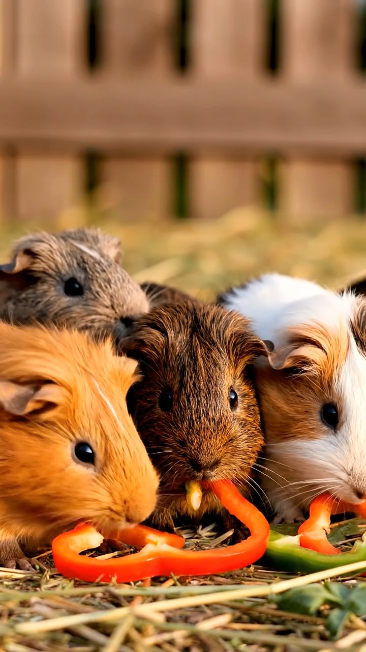 1361. Realistic scene of 4 smooth-haired American guinea pigs with orange, gray, and black fur, chewing on strawberry hulls, in a ancient underwater civilization with ruins.