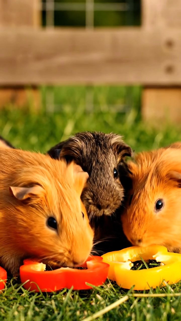 1361. Realistic scene of 4 smooth-haired American guinea pigs with orange, gray, and black fur, chewing on strawberry hulls, in a ancient underwater civilization with ruins.