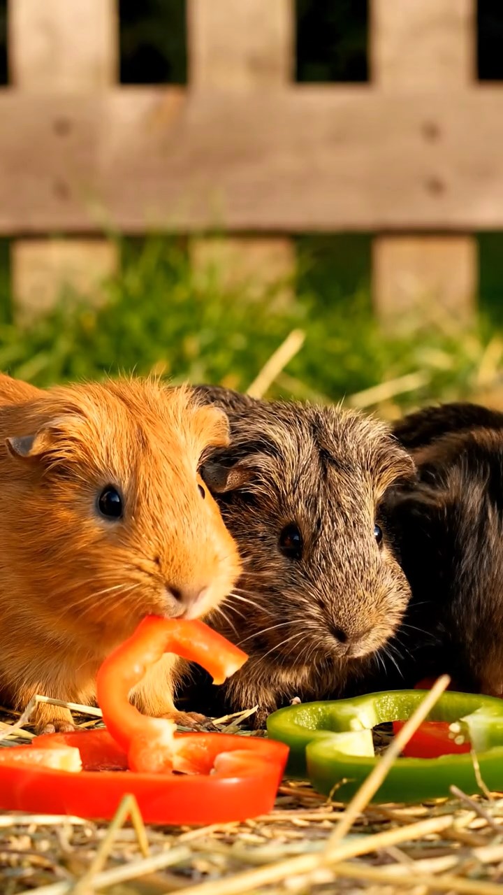 1361. Realistic scene of 4 smooth-haired American guinea pigs with orange, gray, and black fur, chewing on strawberry hulls, in a ancient underwater civilization with ruins.