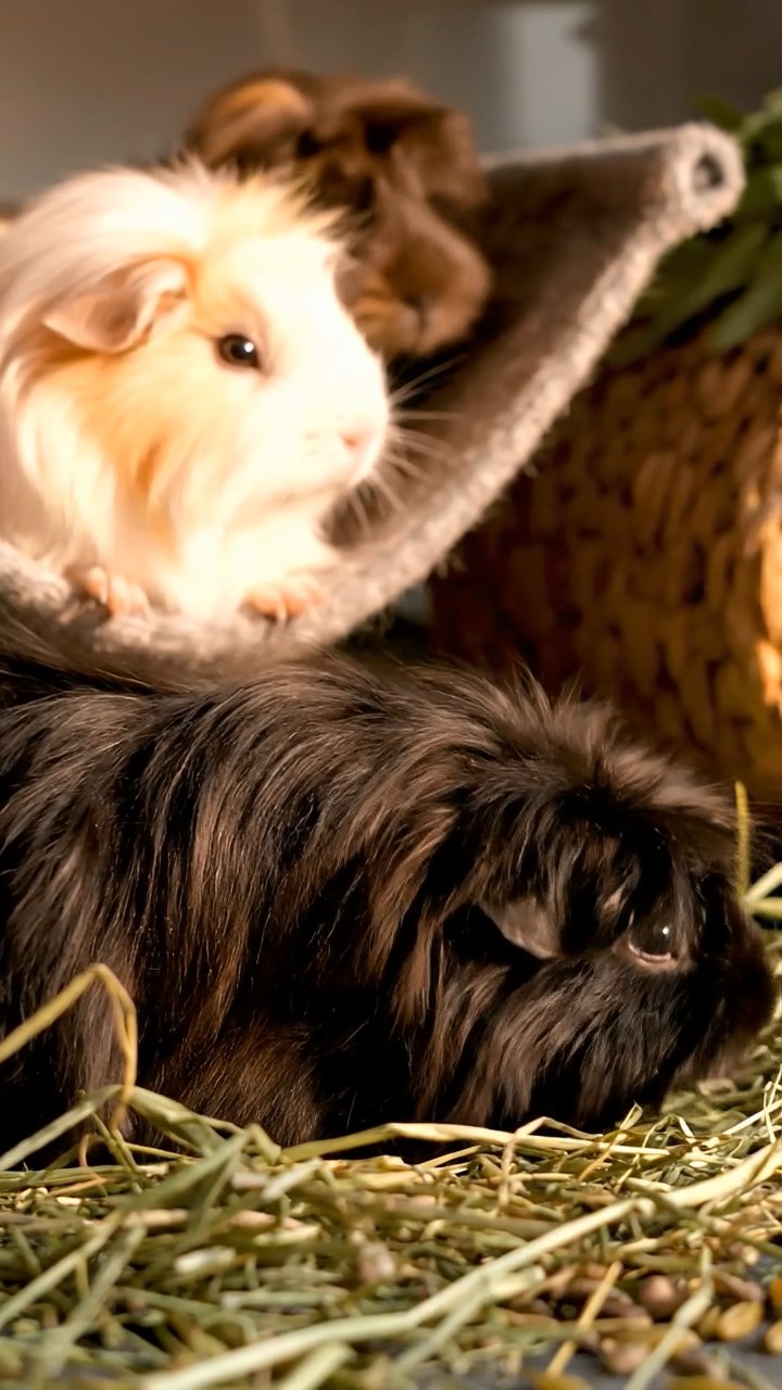 1362. Highly detailed view of 2 smooth-haired Abyssinian guinea pigs in brown and cream colors, sharing pear wedges, inside a lavish ocean liner stateroom with waves.