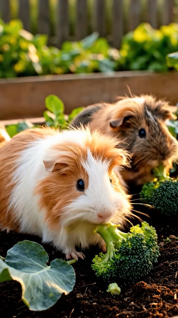 1363. Photorealistic photo of 5 smooth-haired Peruvian guinea pigs with fawn, chocolate, and cinnamon fur, munching on cucumber sticks, at a mountain expedition camp with tents.