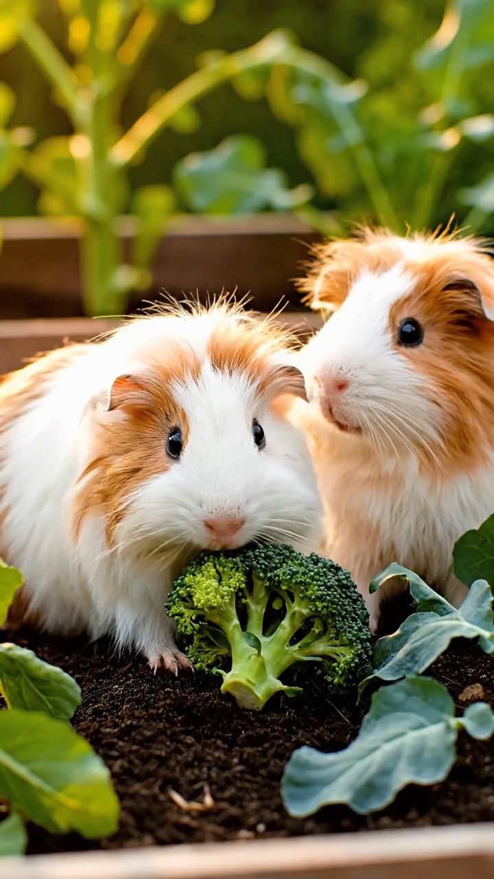 1363. Photorealistic photo of 5 smooth-haired Peruvian guinea pigs with fawn, chocolate, and cinnamon fur, munching on cucumber sticks, at a mountain expedition camp with tents.