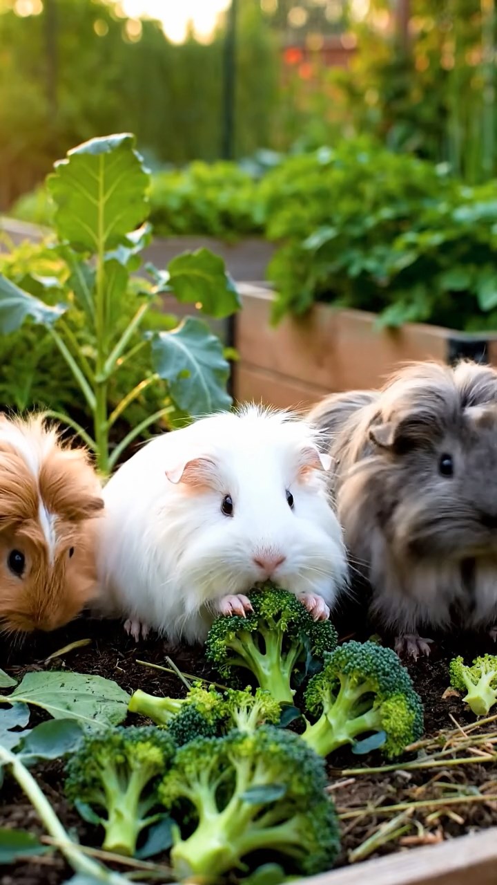 1363. Photorealistic photo of 5 smooth-haired Peruvian guinea pigs with fawn, chocolate, and cinnamon fur, munching on cucumber sticks, at a mountain expedition camp with tents.