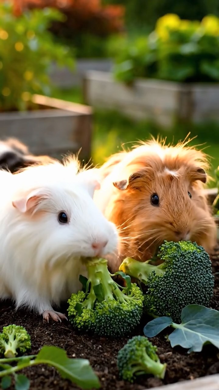 1363. Photorealistic photo of 5 smooth-haired Peruvian guinea pigs with fawn, chocolate, and cinnamon fur, munching on cucumber sticks, at a mountain expedition camp with tents.