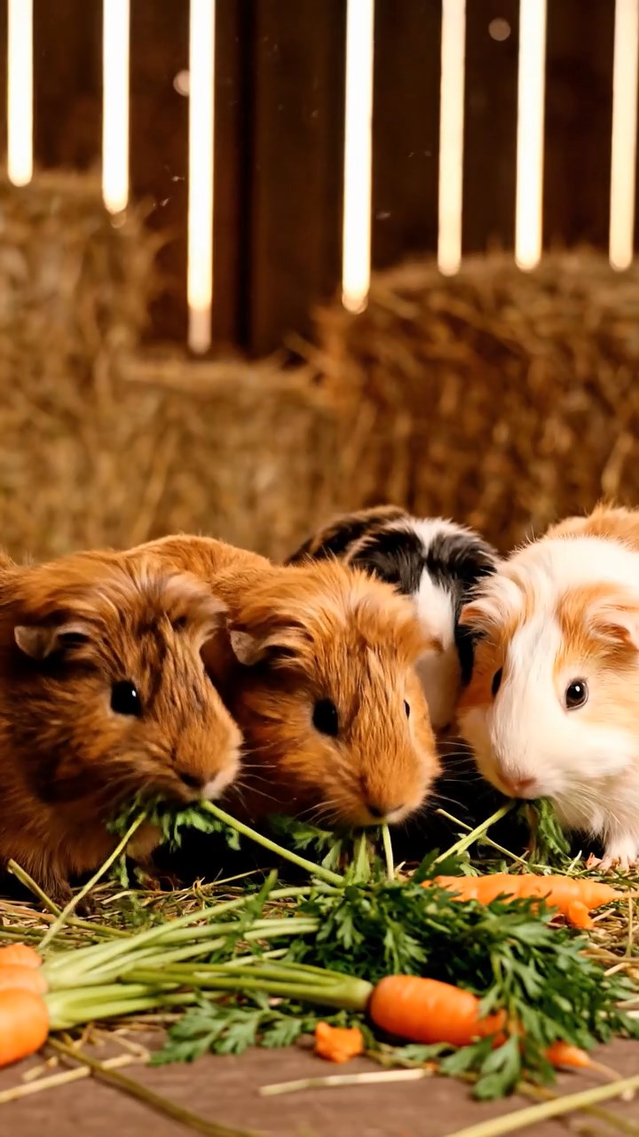 1364. Realistic depiction of 3 smooth-haired Silkie guinea pigs with sable, white, and orange fur, eating timothy hay strands, in a mind-bending illusion gallery with tricks.