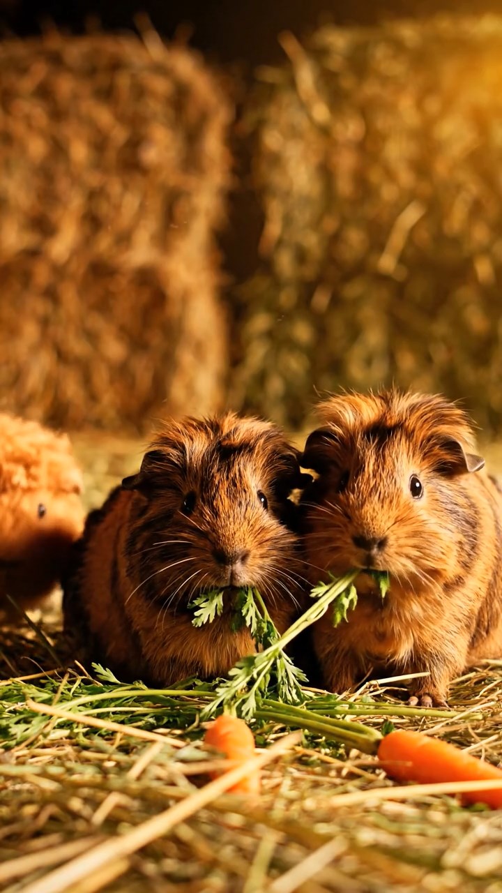 1364. Realistic depiction of 3 smooth-haired Silkie guinea pigs with sable, white, and orange fur, eating timothy hay strands, in a mind-bending illusion gallery with tricks.